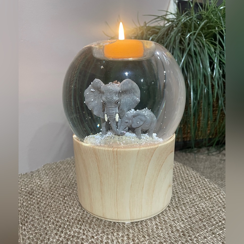 PartyLite Elephant Snow Globe Candle Holder with Orange Top Candle